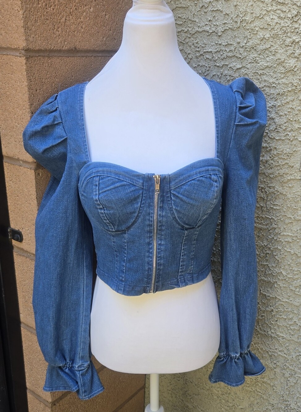 Haute Monde Denim Corset Zip Front Long Sleeve Top - Blue